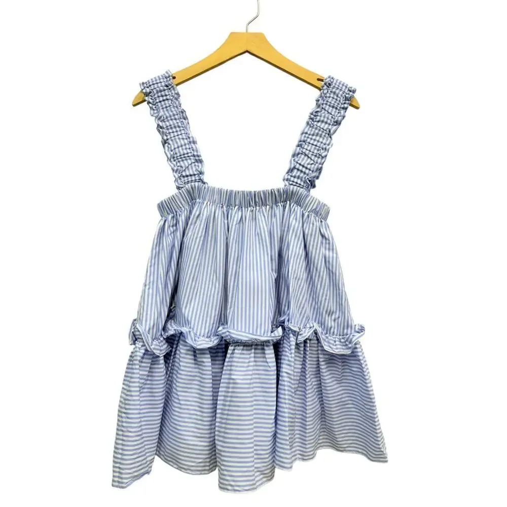 BROGGER Cotton Poplin Blue Striped Babydoll Top size Small NWT